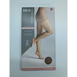 NEW 2 Pair Silk Impressions Sz Medium Support Sheer Pantyhose Cocoa High Waisted